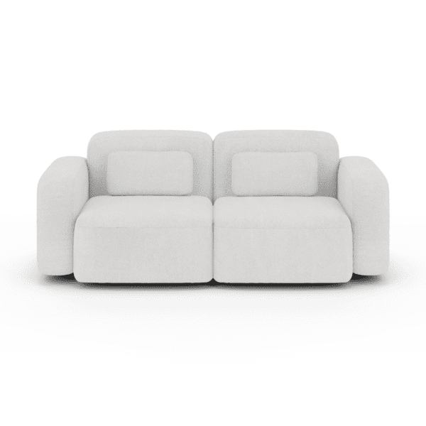 Biała sofa ORCHID na białym tle, widok frontalny. Stylowy mebel o miękkich, opływowych kształtach i subtelnym wykończeniu, doskonały do eleganckich wnętrz.