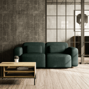 Zielona sofa ORCHID w gustownej aranżacji salonu, widok od frontu. Wyjątkowy design i delikatna forma doskonale komponują się z nowoczesnym otoczeniem.