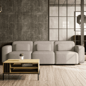 Trzyosobowa sofa ustawiona w przytulnej aranżacji salonu, widok od frontu. Stylowe wzornictwo, delikatna forma i komfortowe siedzisko podkreślają jej wyjątkowy charakter.