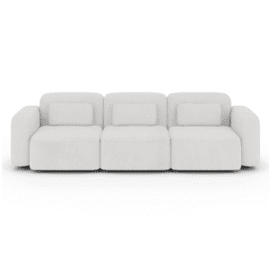 Elegancka sofa w kolorze białym, widok frontalny na białym tle. Nowoczesna, trzyosobowa kanapa o miękkich kształtach i gustownym wykończeniu, idealna do stylowych wnętrz.