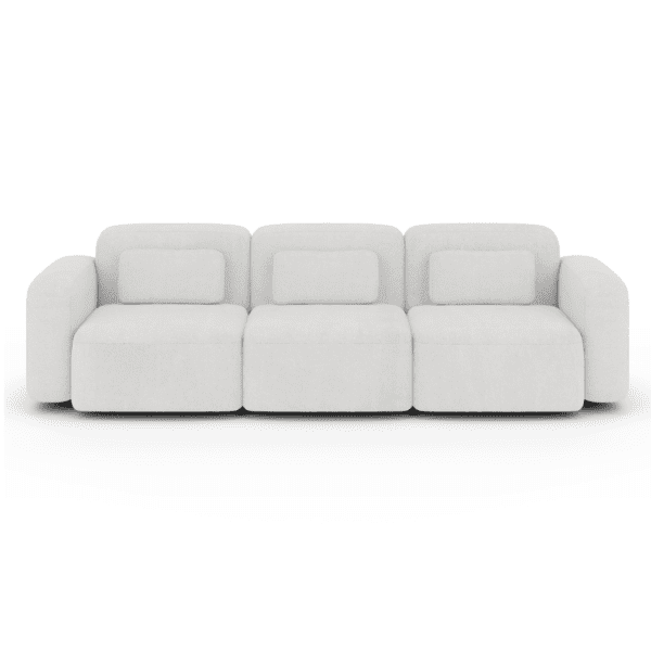 Elegancka sofa w kolorze białym, widok frontalny na białym tle. Nowoczesna, trzyosobowa kanapa o miękkich kształtach i gustownym wykończeniu, idealna do stylowych wnętrz.