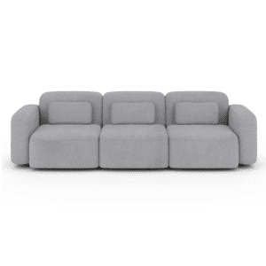 Elegancka sofa w kolorze szarym, widok frontalny na białym tle. Nowoczesna, trzyosobowa kanapa o subtelnych liniach i starannym wykończeniu, idealna do współczesnych wnętrz.