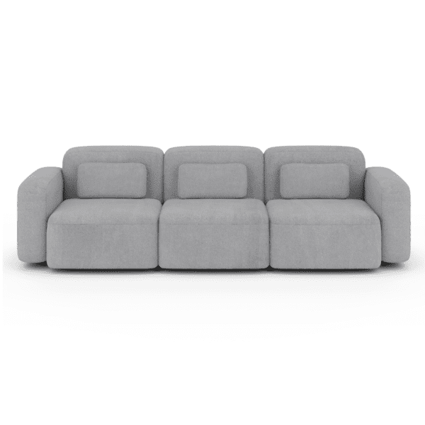 Elegancka sofa w kolorze szarym, widok frontalny na białym tle. Nowoczesna, trzyosobowa kanapa o subtelnych liniach i starannym wykończeniu, idealna do współczesnych wnętrz.