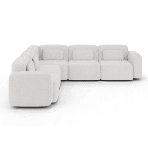 Przestronny narożnik w kształcie litery L w kolorze białym, widok frontalny na białym tle. Elegancka, wieloosobowa kanapa z szerokim siedziskiem i minimalistycznym designem, idealna do nowoczesnych wnętrz.