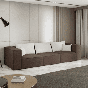 Sofa ciemnobrązowa ustawiona w eleganckim wnętrzu, widok z boku. Zdjęcie aranżacyjne pokazujące klasyczne zastosowanie.