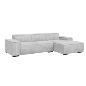 Sofa narożna Cancun w jasnoszarym odcieniu, ustawiona pod kątem. Tapicerowana tkaniną POSO, bez funkcji rozkładania.