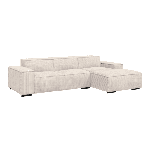Sofa narożna Cancun w kremowej tapicerce, ustawiona pod kątem na białym tle. Mebel bez funkcji rozkładania.
