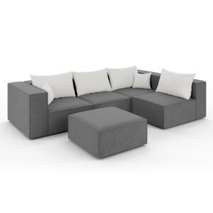 Ciemnoszary narożnik POPPY z dopasowaną pufą i jasnymi poduszkami, pokazany pod kątem, w stylu nowoczesnym z nutą loftu.