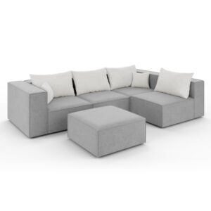 Szary narożnik POPPY z pufą i jasnymi poduszkami, przedstawiony pod kątem, o minimalistycznej formie pasującej do skandynawskich aranżacji.