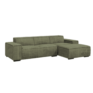 Zielony narożnik Cancun pod kątem na białym tle. Sofa bez funkcji spania, tapicerowana sztruksem POSO.