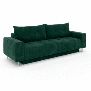 Sofa Santi zielony, widok pod kątem. Pokazuje proporcje i teksturę tapicerki.