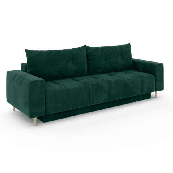 Sofa Santi zielony, widok pod kątem. Pokazuje proporcje i teksturę tapicerki.
