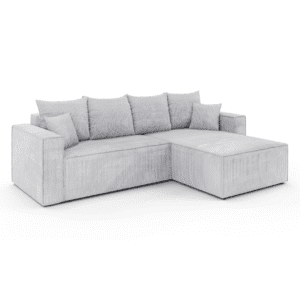 Sofa narożna Cori szary, ujęcie pod kątem na białym tle. Akcent na proporcje i detale mebla.