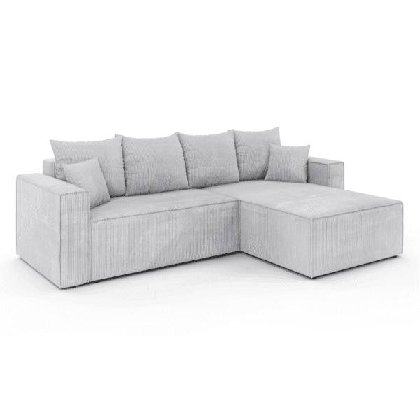 Sofa narożna Cori szary, ujęcie pod kątem na białym tle. Akcent na proporcje i detale mebla.