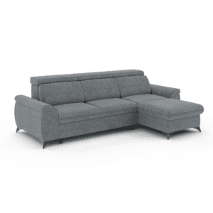 Sofa narożna Montana 2 szary, sfotografowany pod kątem. Prezentacja detali i bryły mebla.