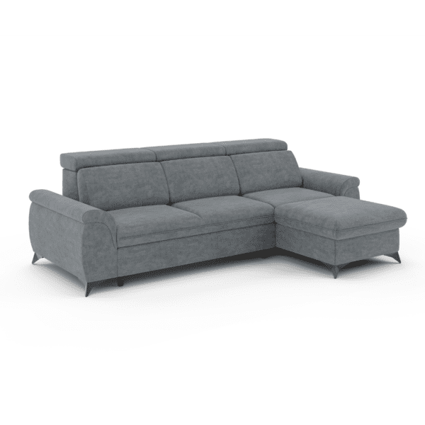 Sofa narożna Montana 2 szary, sfotografowany pod kątem. Prezentacja detali i bryły mebla.