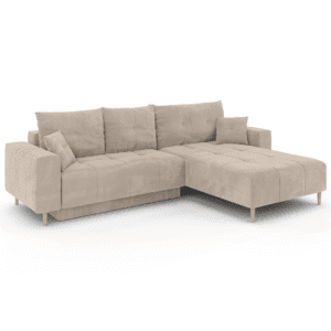Sofa narożna Santi beżowy, widok pod kątem. Pokazuje proporcje i teksturę tapicerki.