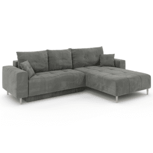 Sofa narożna Santi szary, widok pod kątem. Pokazuje proporcje i teksturę tapicerki.