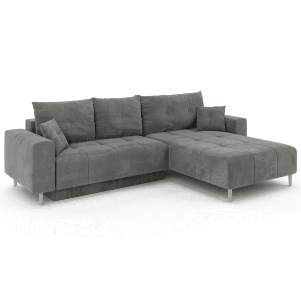 Sofa narożna Santi szary, widok pod kątem. Pokazuje proporcje i teksturę tapicerki.