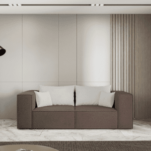 Ciemnobrązowa sofa dwuosobowa w aranżacji salonu, widok frontalny. Zdjęcie podkreśla styl i komfort w klasycznym otoczeniu.