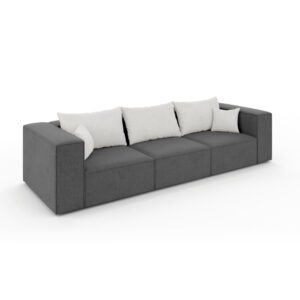 Nowoczesna sofa POPPY w ciemnoszarym kolorze, widok z ukosa; stonowana kolorystyka i geometryczne siedzisko.