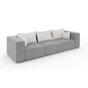 Szara sofa POPPY z jasnymi poduszkami, pokazana pod kątem; minimalistyczna forma i uniwersalna kolorystyka.