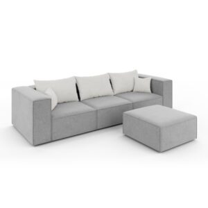 Szara sofa trzyosobowa POPPY z prostokątną pufą, uchwycona pod skosem; minimalistyczna forma z jasnymi akcentami.