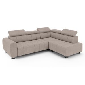 Beżowy narożnik Lotus na białym tle, ujęcie frontowe z prawej strony.