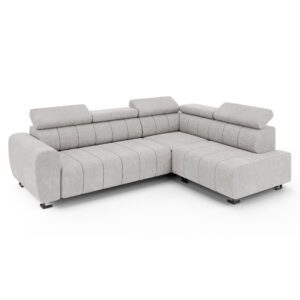 Jasnoszary narożnik Lotus na białym tle, widok frontowy z prawej strony.