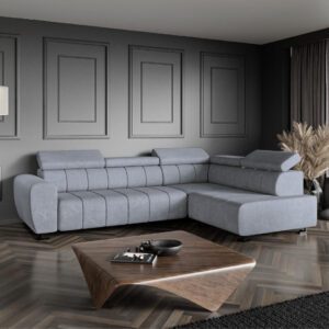 Szary narożnik Lotus na białym tle, widok pod kątem z prawej strony.